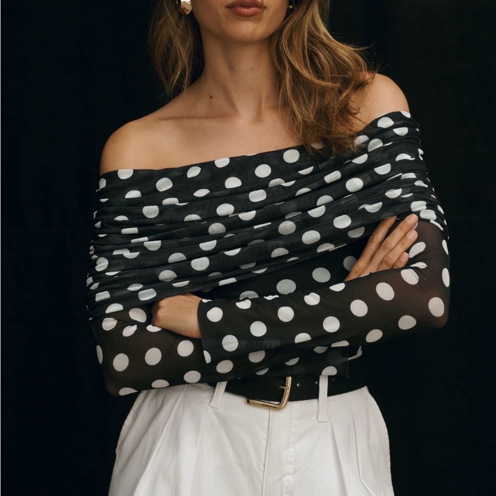 Anthropologie AFRM Black and White Polka Dot Off-Shoulder Top